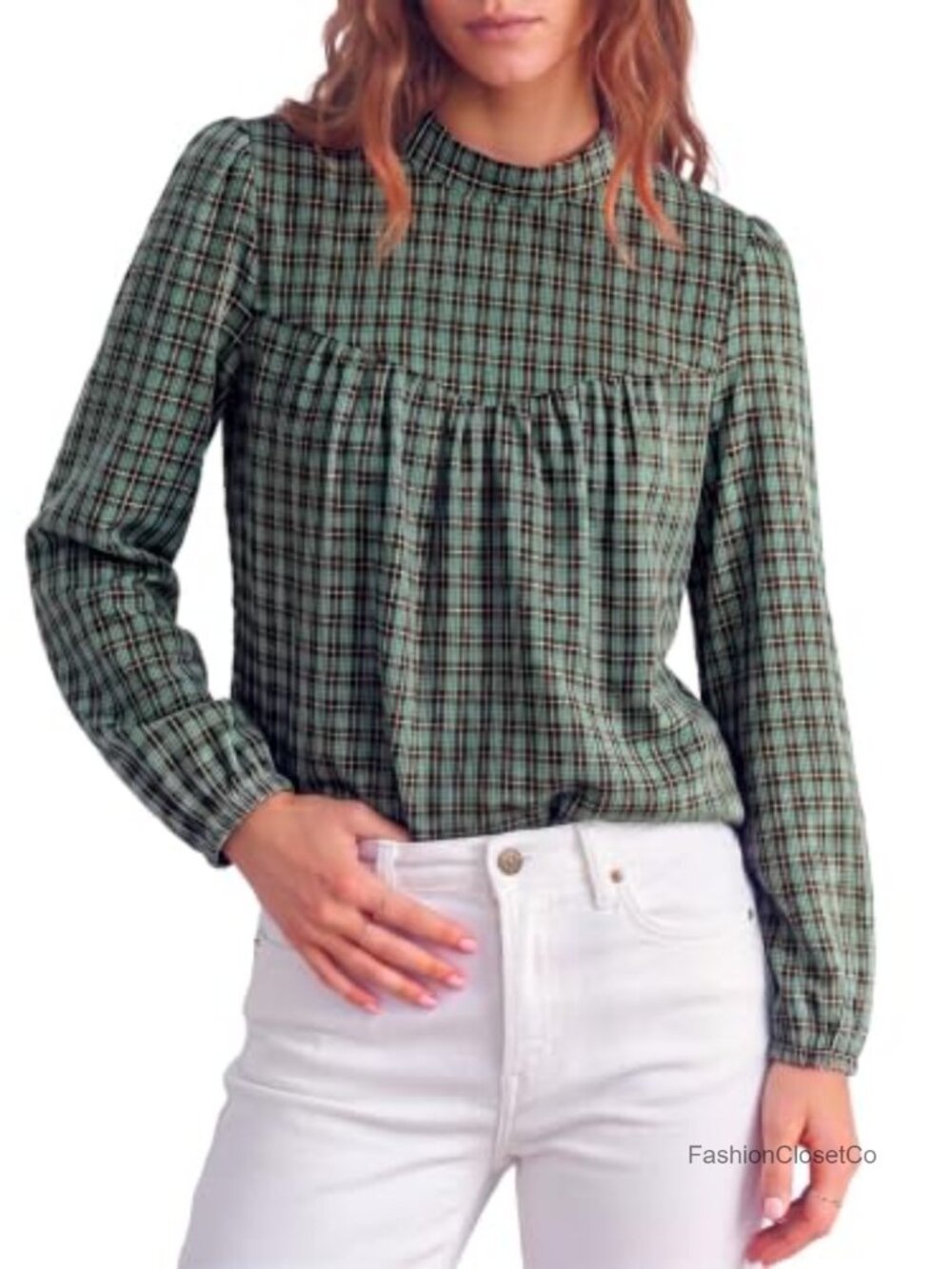 Long Sleeve Gingham Babydoll Blouse Flowy Puff Peasant Top
